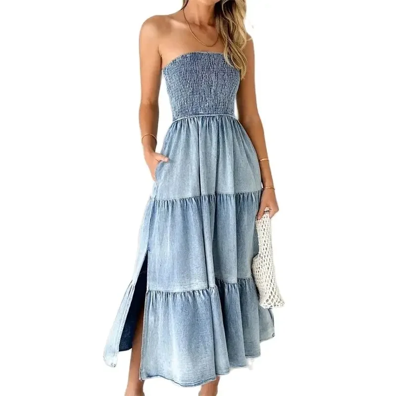 

Women Pleated Slim Fit Stretch Wrap Bust Dresses Split Hem Cake Dress Female Party Elegant Commuter Casual Sleeveless Denim Gown