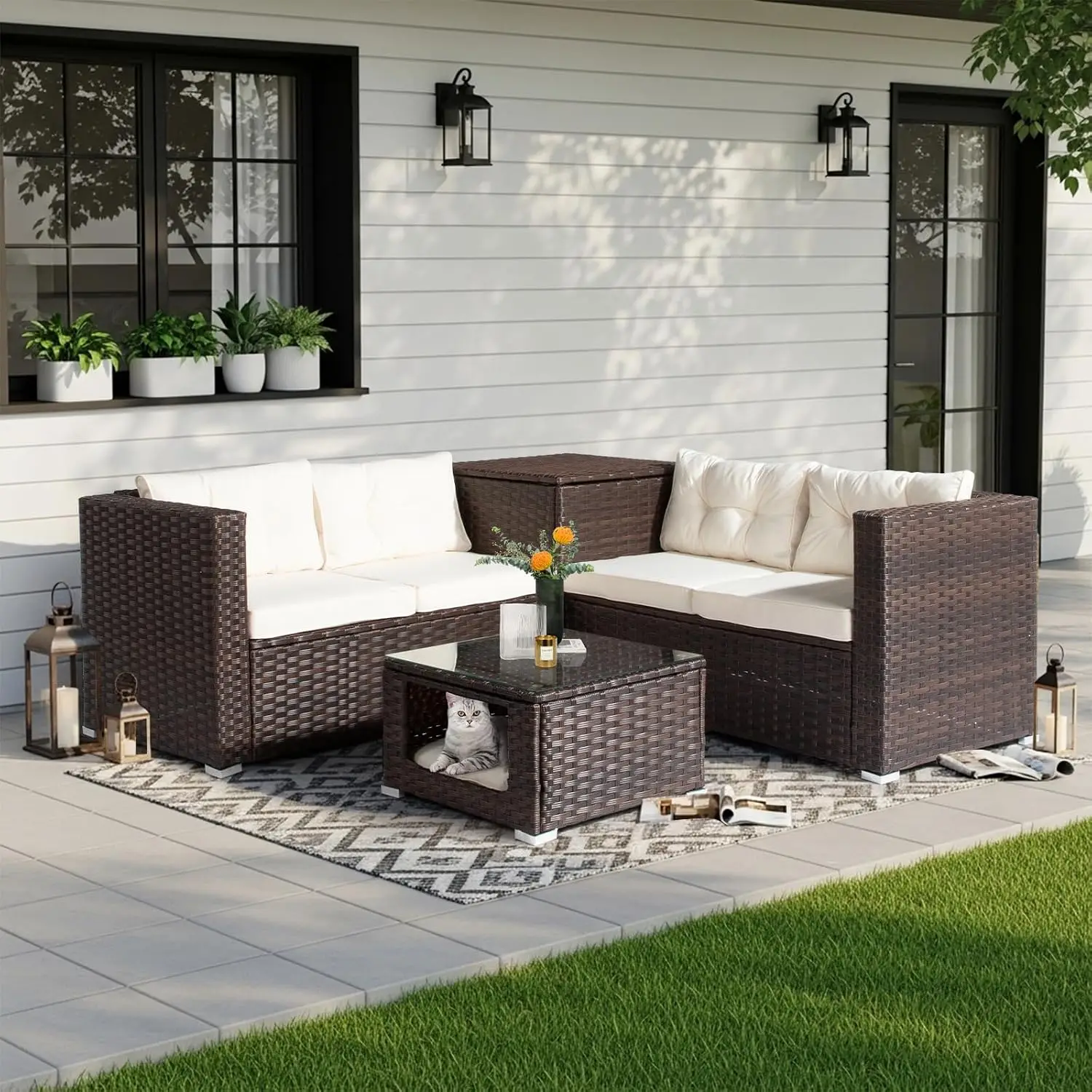 Outdoor Wicker Sectional Sofa Set with Storage, Glass Top Coffee Table for Backyard & Garden, Brown, Customized