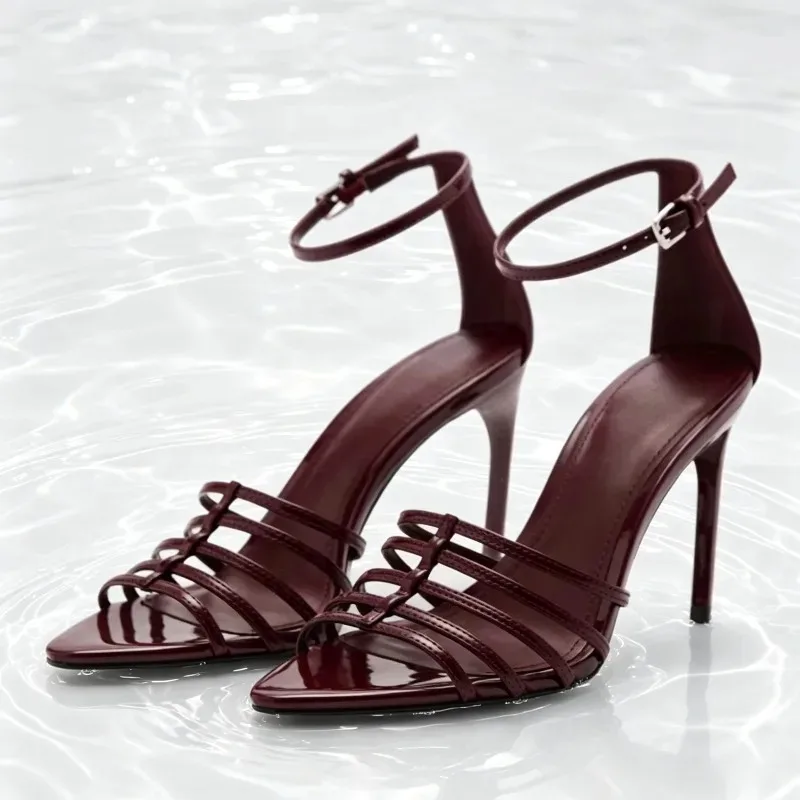 

Sexy Burgundy Narrow Band High Heel Sandals Women Fashion Ankle Strap Buckle Thin Heel Designer Shoes Elegant Zapatos De Mujer
