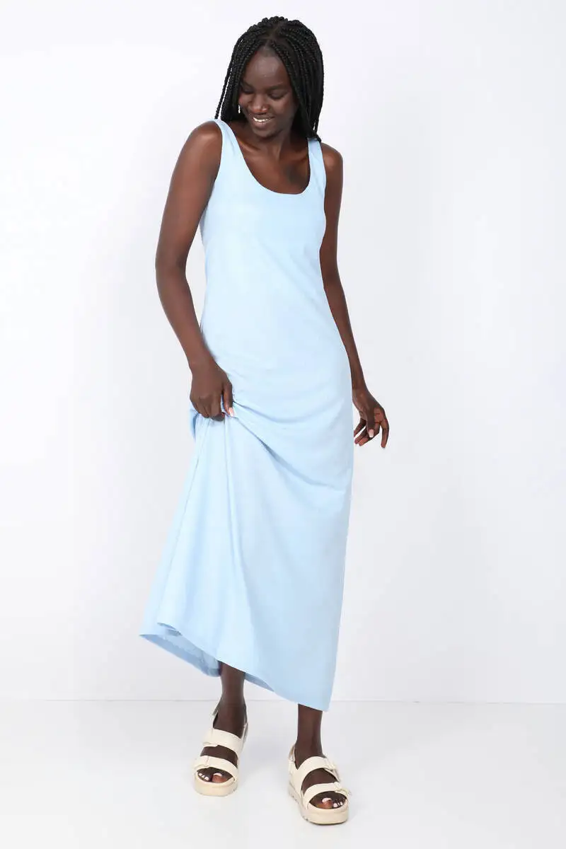 Women's Blue Askılı Back Low-Cut Maxi Dress