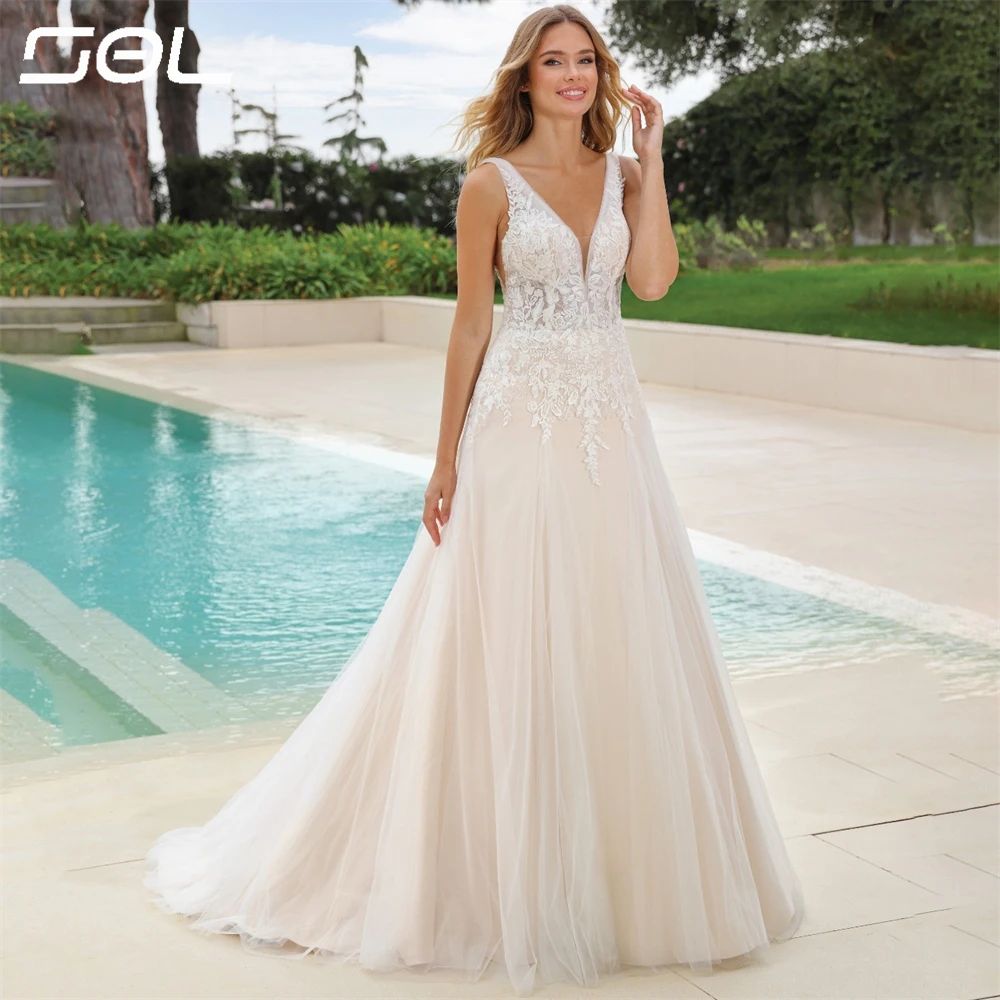 Vestido De Novia De tul con tirantes finos, traje De Novia elegante con escote en V, Espalda descubierta, corte en A