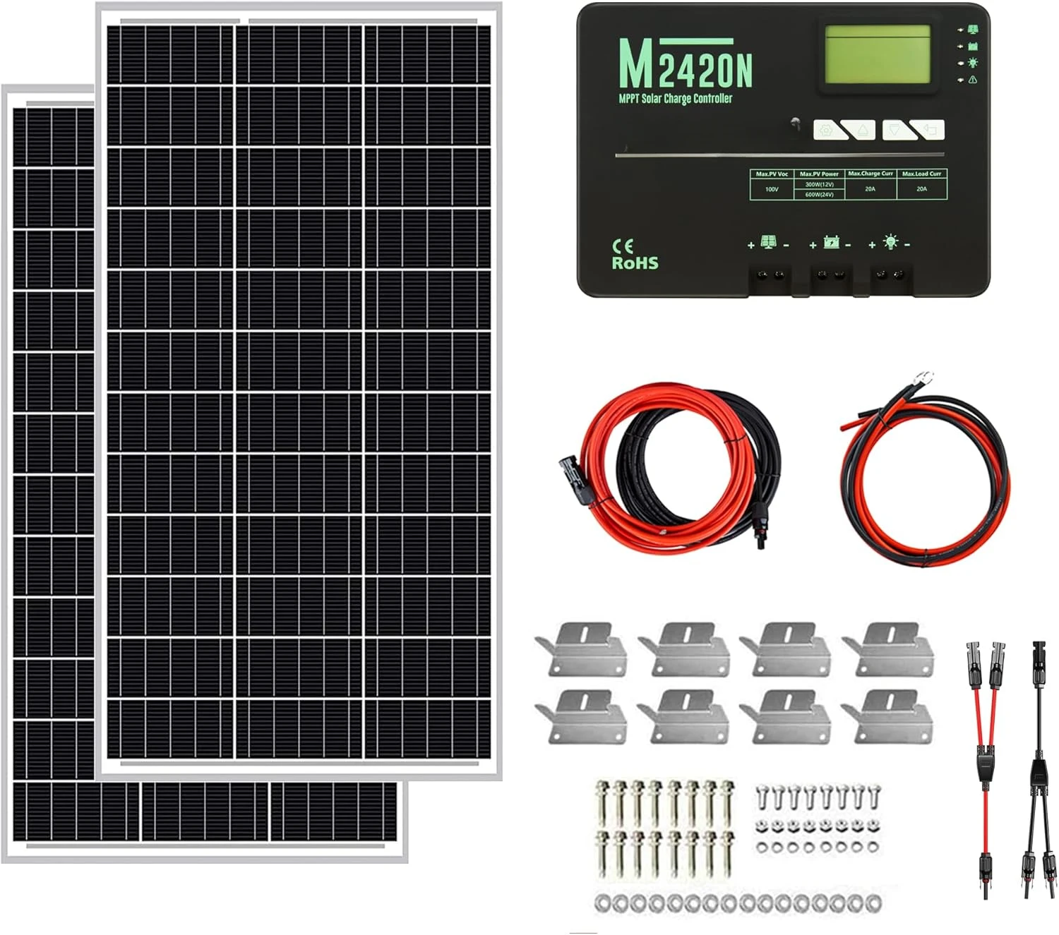 200W 12V Solar Power Kit | 200W Mono Rigid Solar Panels, 20A MPPT Solar Charge Controller | RV, Trailer, Camper, Marine