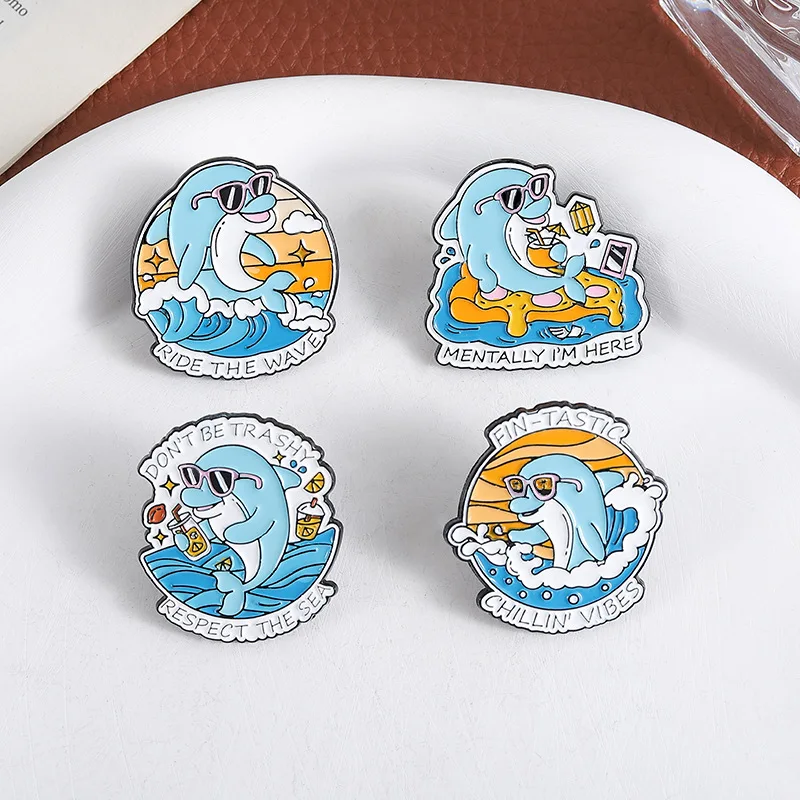 4pcs Cool Dolphin Enamel Pin Set Alloy drip oil brooch for Backpack Clothing Jewelry