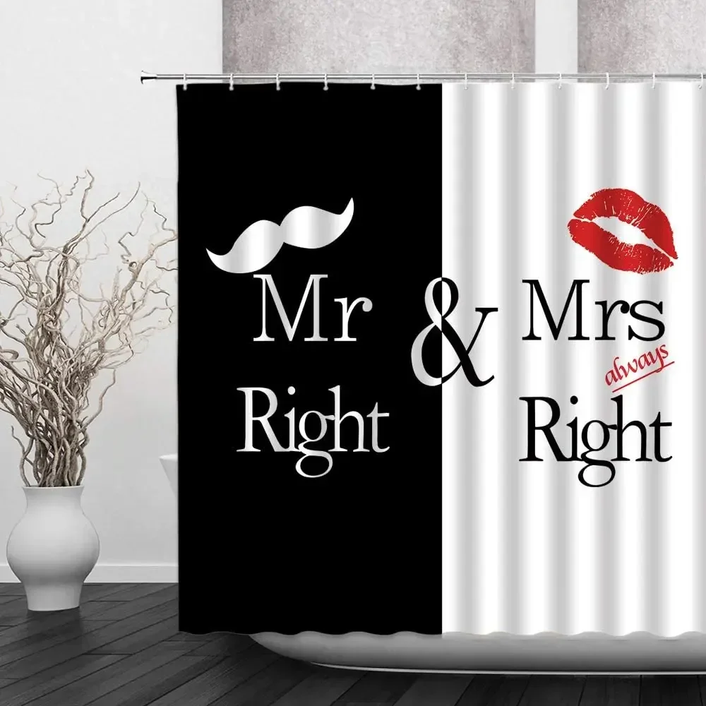 Mr Mrs Shower Curtain Black Red Creative Love Man Mustache Woman Lip Romance Funny Valentine Day Cloth Bathroom Decor with Hooks