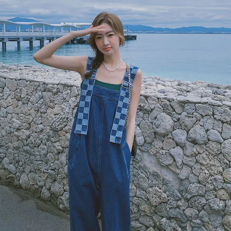 Denim Jumpsuits Women Plaid Baggy Straight Wide Leg Casual Harajuku Sweet Students Age-reducing Summer Korean Style Retro Ins