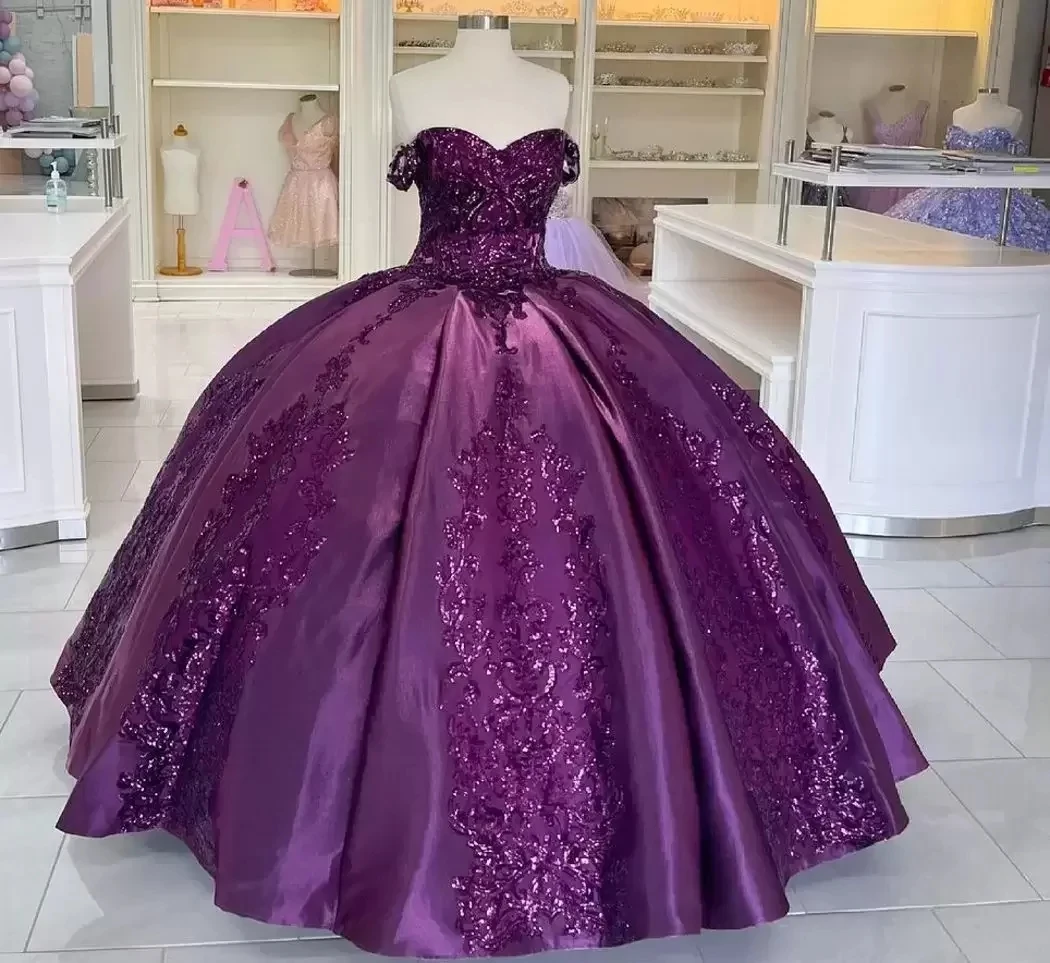 ANGELSBRIDEP-vestidos de quinceañera púrpura para 15 años, Apliques de encaje con lentejuelas brillantes, mangas sin hombros, fiesta Formal de cumpleaños