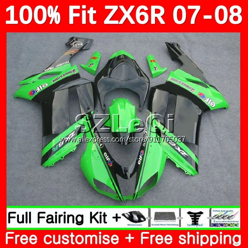 Injection Fairing For KAWASAKI NINJA ZX 6R 636 6 R ZX636 ZX6R 07 08 5No.75 Stock green ZX-636 600CC ZX-6R 2007 2008 Body+ Decal