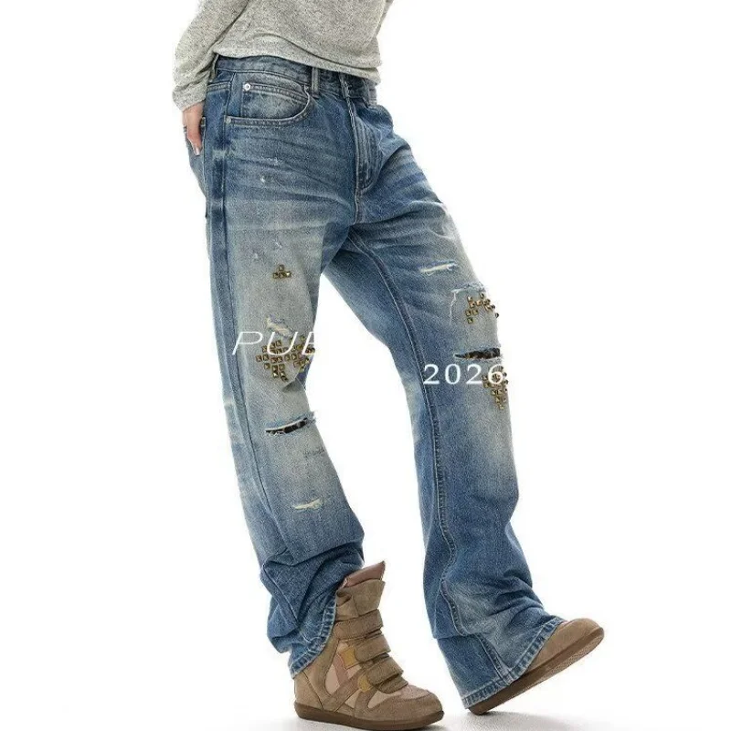 Unisex American Loose Straight‑Leg Denim Jeans Lady Vintage Washed Destroyed‑Ripped Stud‑Decorated Trendy Pants