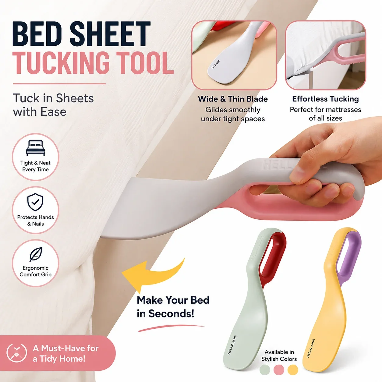 3-in-1 Bed Sheet Tucking Tool & Mattress Lifter - Ergonomic Bed Maker with Lint Remover for Easy Bed Making