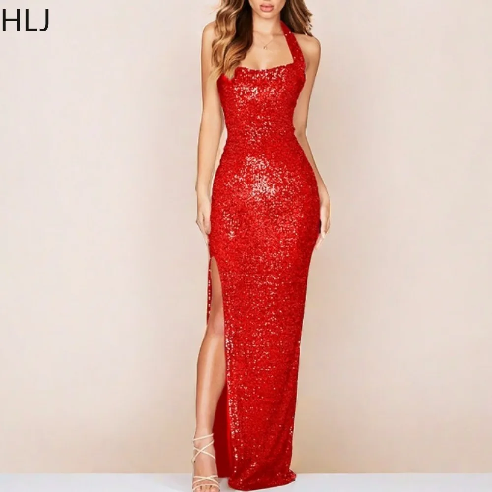 

HLJ Elegant Lady High Quality Sequin Halter Slit Backless Party Club Dress Women Sleevless Slim Vestidos Fashion Bodycon Clothes