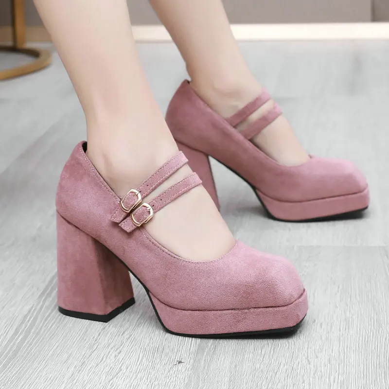 

Plus Size 47 Flock Material Pink Square Toe Bucjle Classic Lady Office Career Pumps Mary Janes Chunky High Heels Shoes Platform