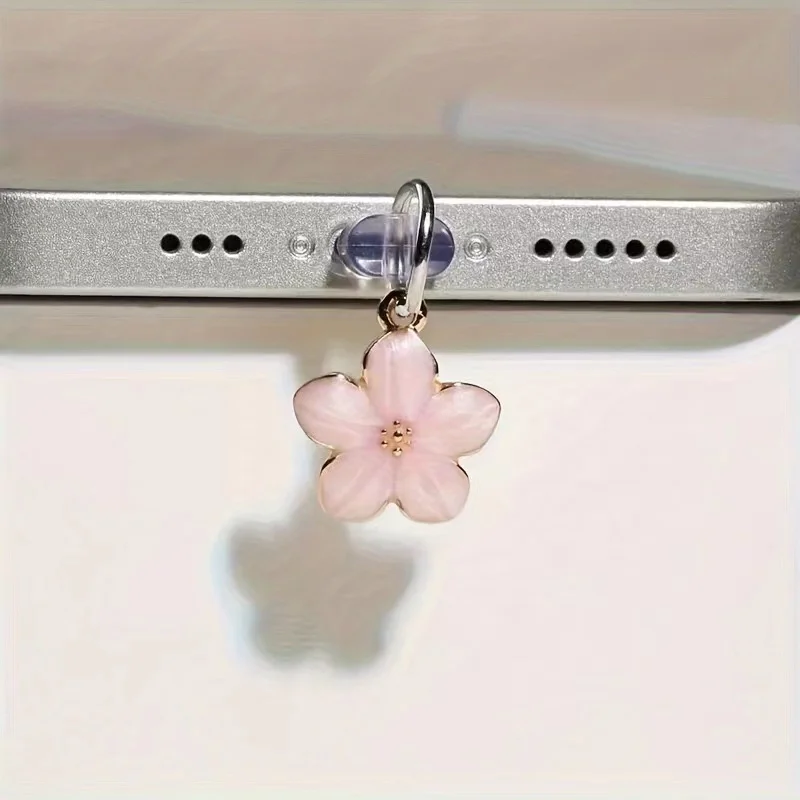 Alloy transparent cherry blossom pearl phone dust plug Apple 15 phone universal pendant charging port headphone jack