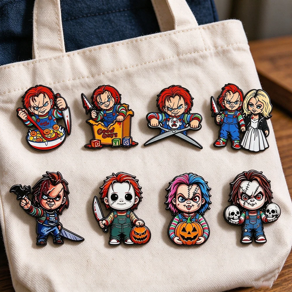 4/8Pcs UV Printed Halloween Horror Spooky Doll Lapel Brooches for Backpack And Clothing Decor Spooky Gift for Friends Collection