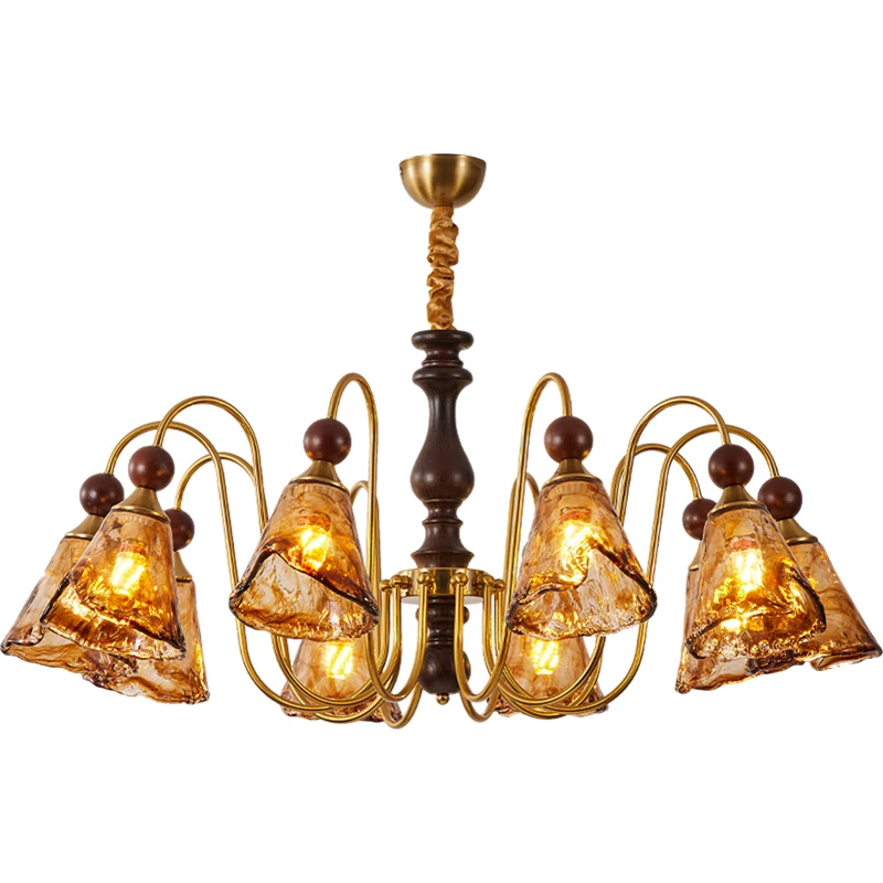 ثريا غرفة المعيشة الفرنسية، ضوء قلادة جديد من الخشب الصلب لغرفة النوم الرئيسية وغرفة الطعام، تركيبات زجاجية