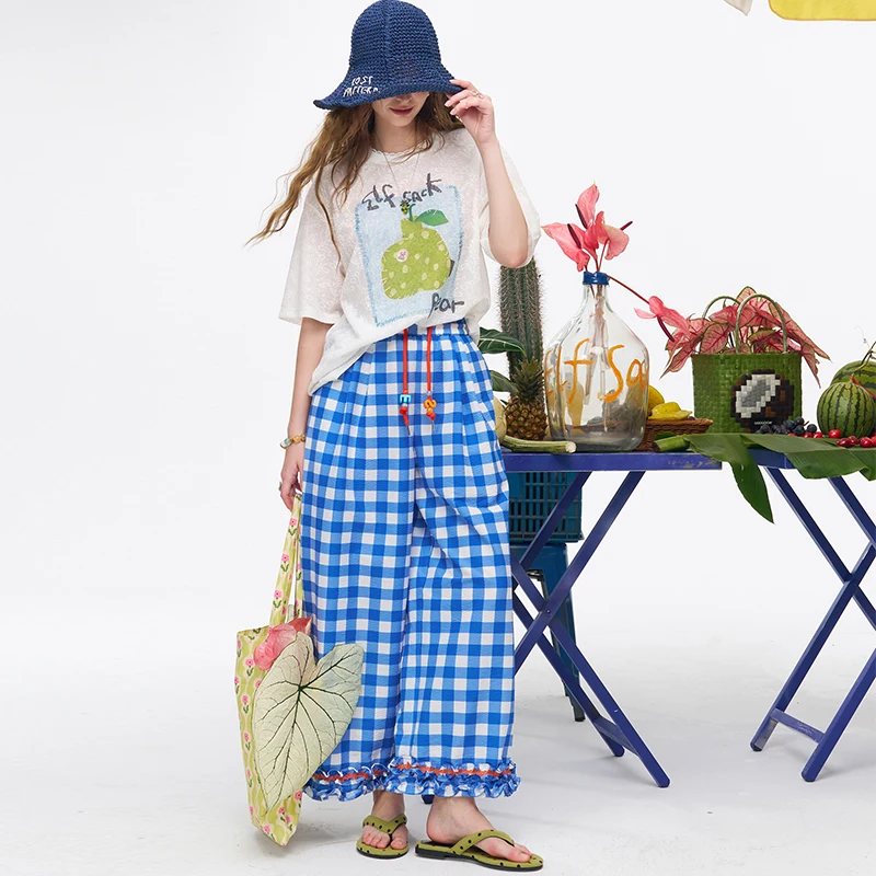 ELFSACK Women's Gingham Wide Leg Pants with Beaded Drawstring, Ruffle Cuff Elastic Waist Plaid Trousers for Daily