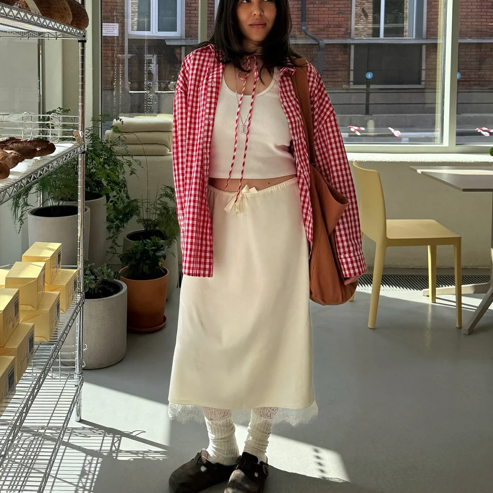 

Apprabant Women Lace Patchwork Satin Midi Straight Skirt Drawstring Lacing Loose Long Skirt Contrast Casual Commuter Streetwear