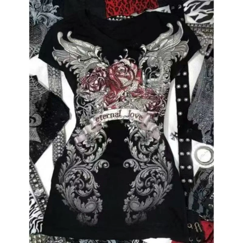 อเมริกันวัฒนธรรมย่อย Y2k เสื้อแขนสั้นผู้หญิงสาวร้อนฤดูร้อนใหม่พิมพ์ Slim Cropped เสื้อยืดความงาม Grunge Casual เสื้อผ้า