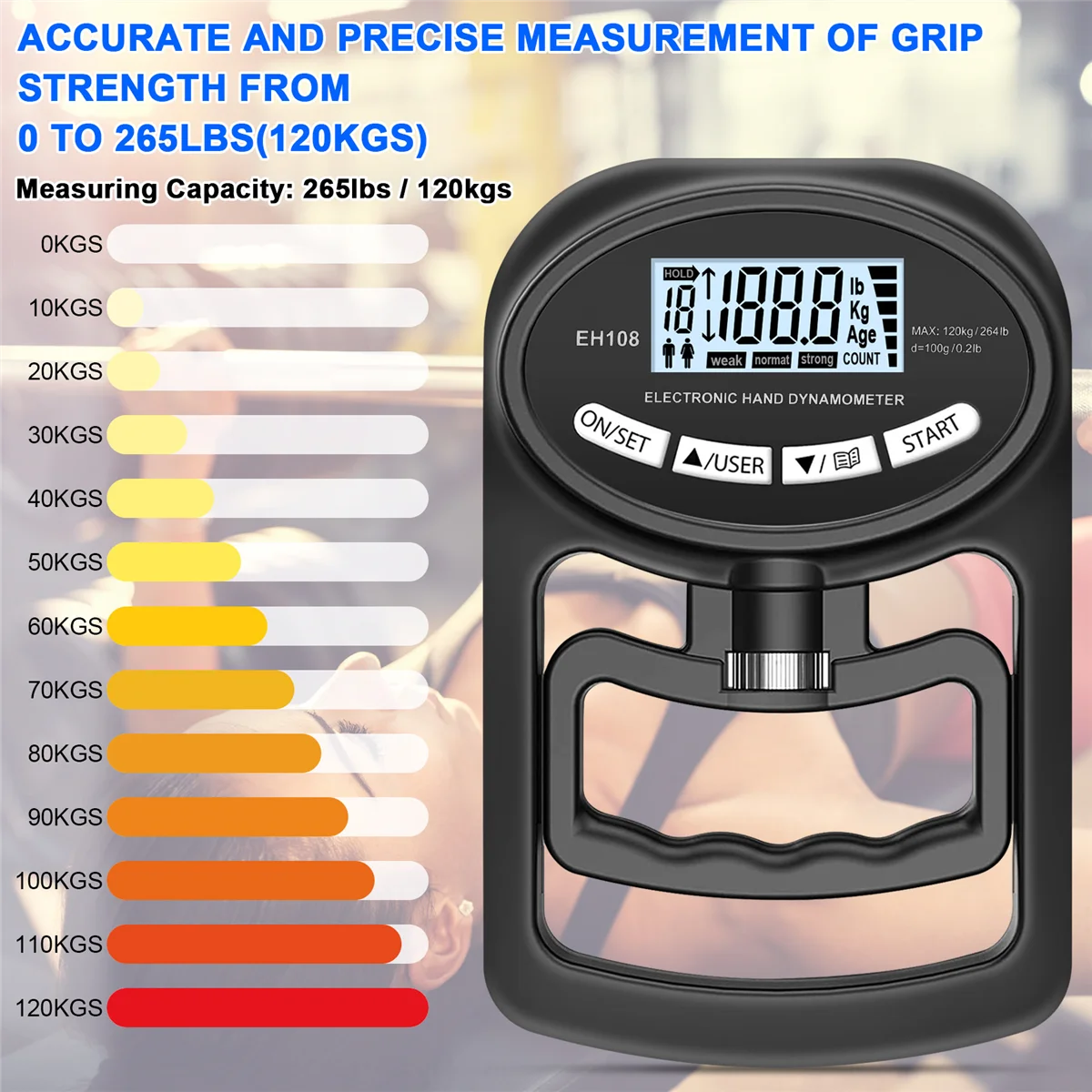 Dinamómetro de mano de 265 libras/120kg, entrenador de fuerza de agarre, probador electrónico de fuerza de agarre, fortalecedor de agarre, negro