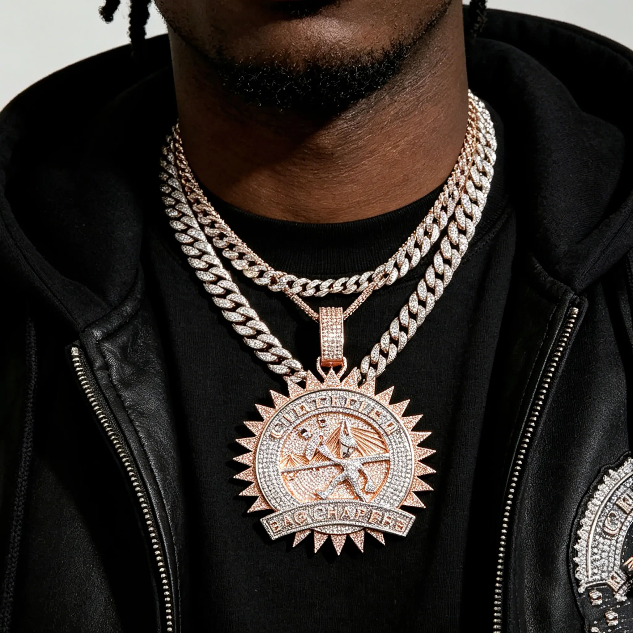

Men's Bad Chasers Weightlifter Half Sunflower Pendant Iced Out letter Combination Round Shape CZ Hip Hop Necklace Charm Jewelry