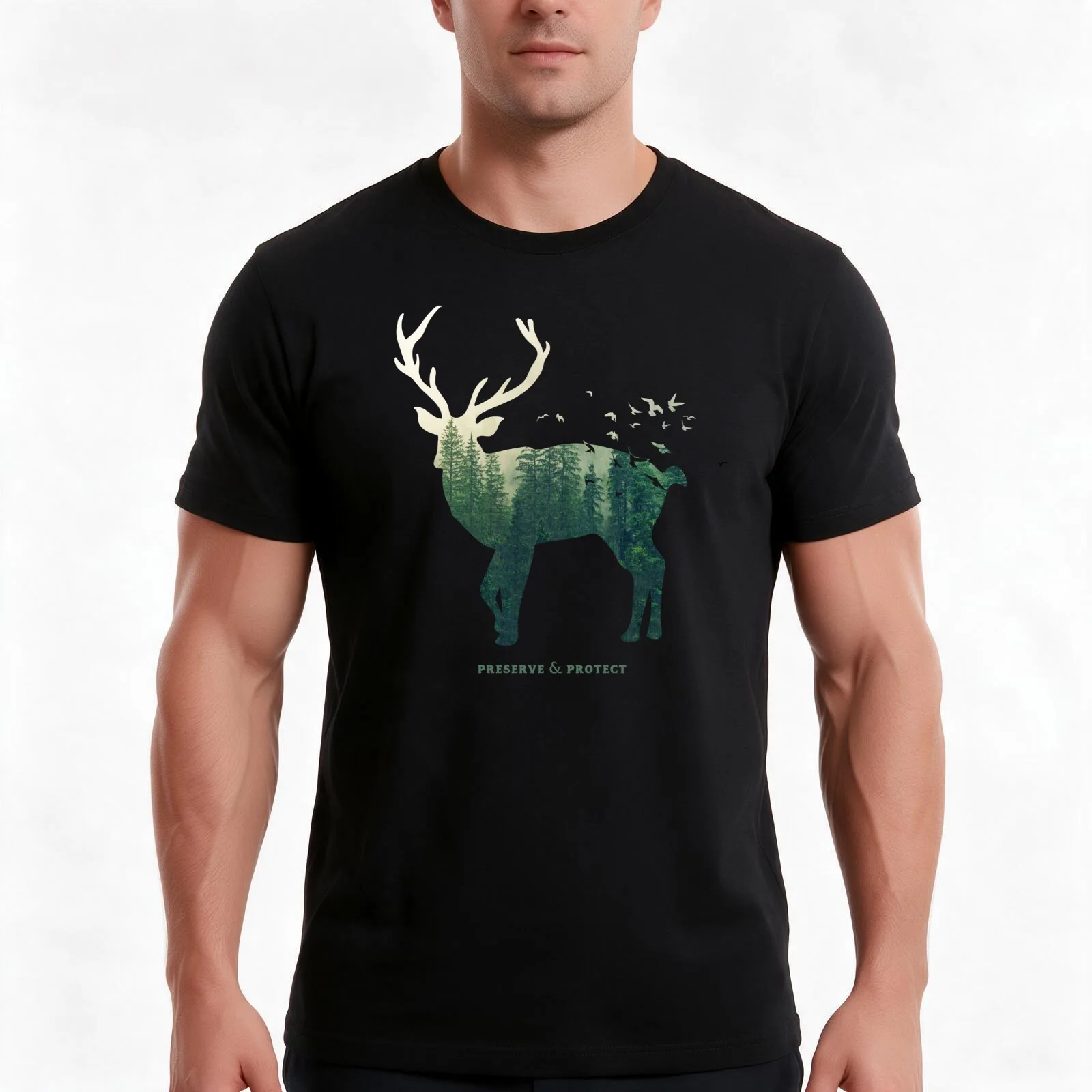 Preserve & Protect Nature Double Exposure Deer Silhouette Trees Forest Save the Environment Climate Change Wilderness Hi T-Shirt
