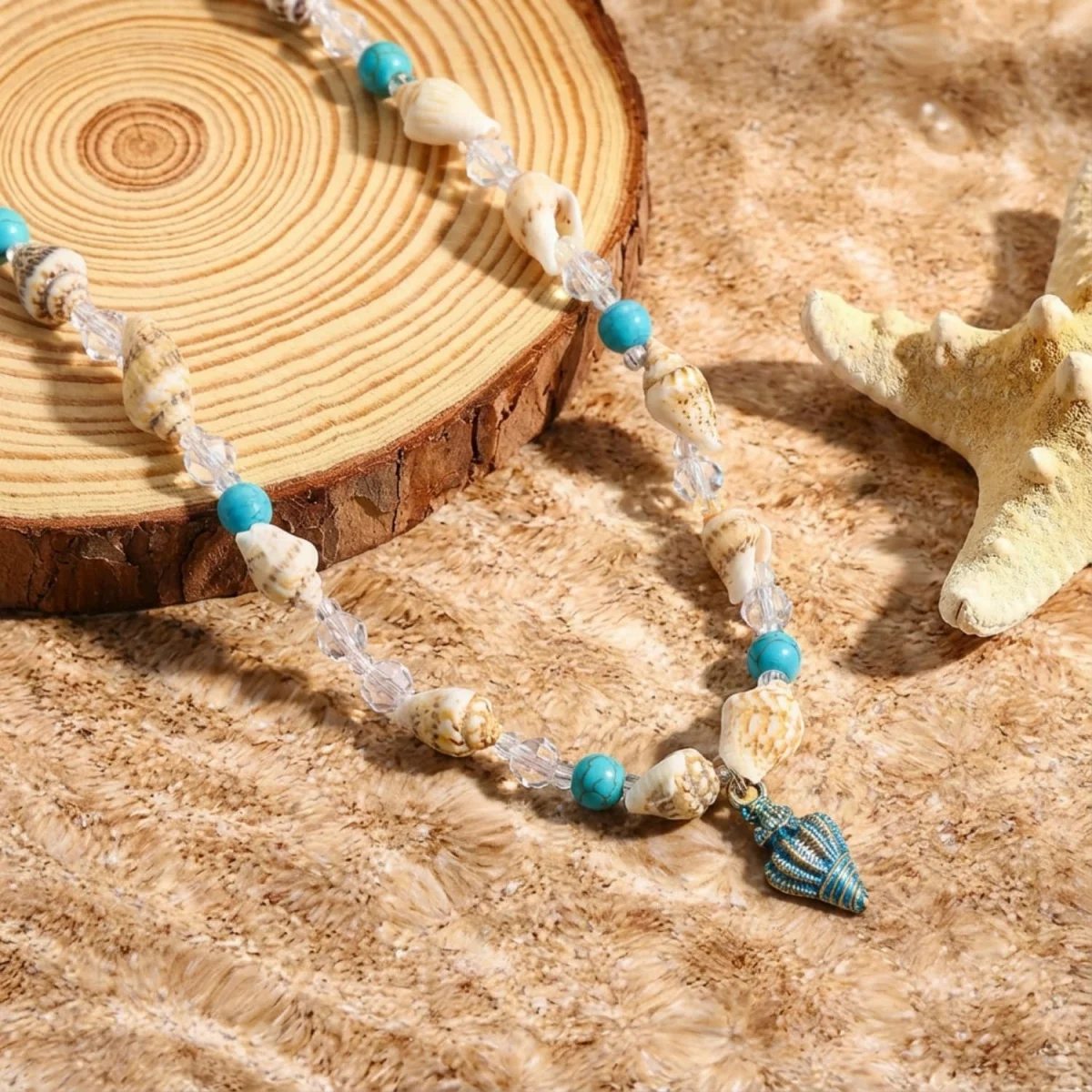 Metall-Seestern-Muschel-Anhänger-Halskette für Damen und Herren, Kristall-Reisperlen-Choker, Bohemian-Strandurlaub, Sommerparty-Schmuck – Detail 30