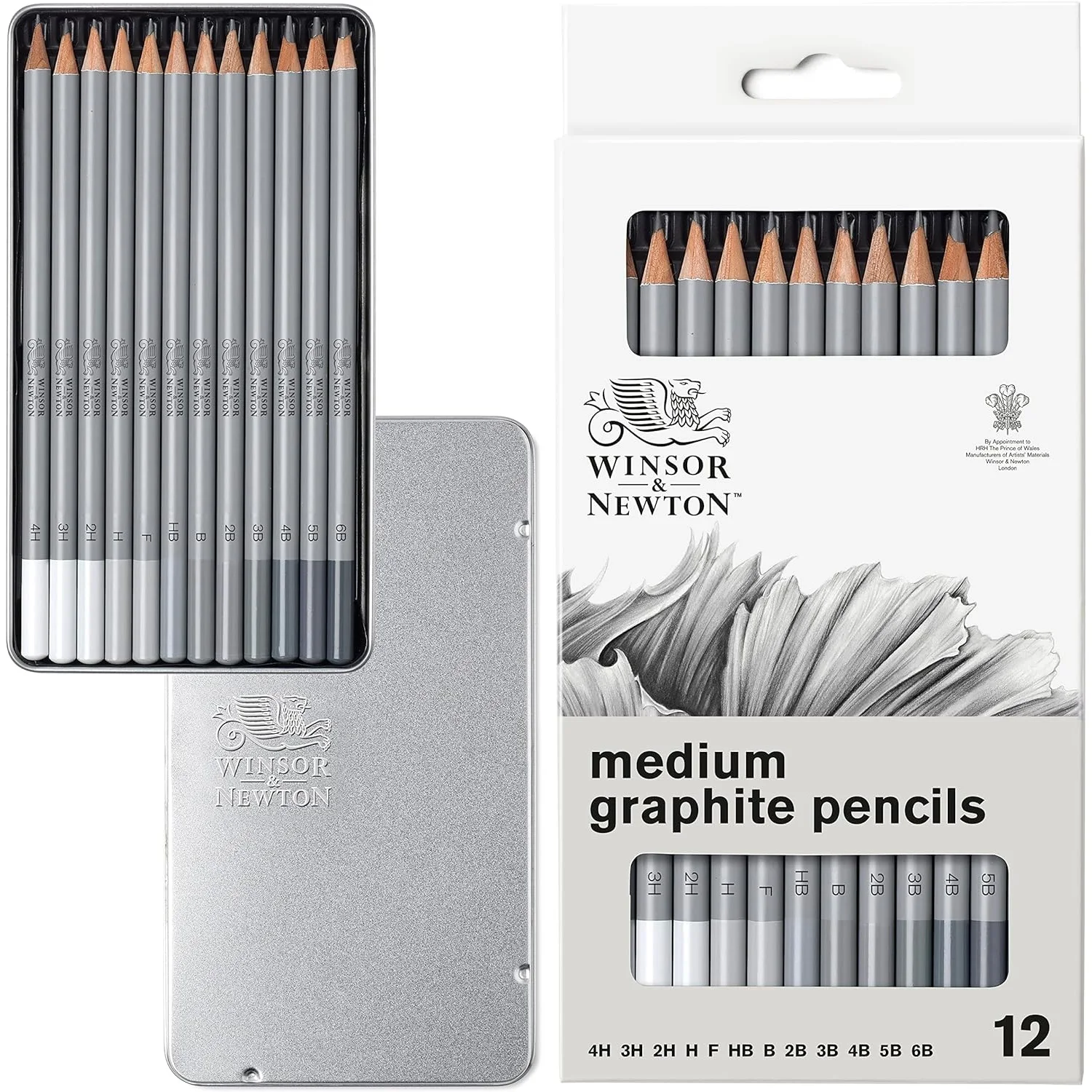 

Графитовые карандаши Winsor & Newton, 12 карандашей (4H-6B), портативная жестяная коробка