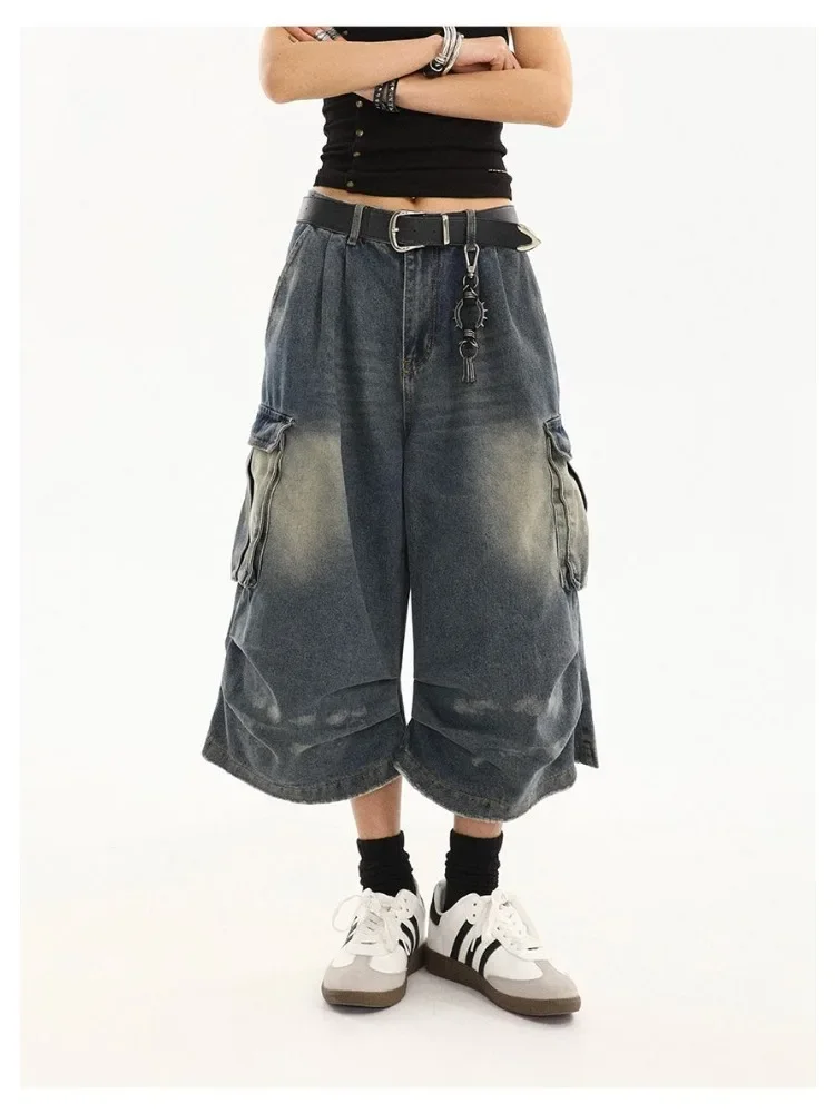 Hohe Taille Retro Blau Gewaschen Denim Shorts frauen Harajuku Vintage Mode Lässig Lose Y2K Streetwear Breite Bein Geerntete Hosen