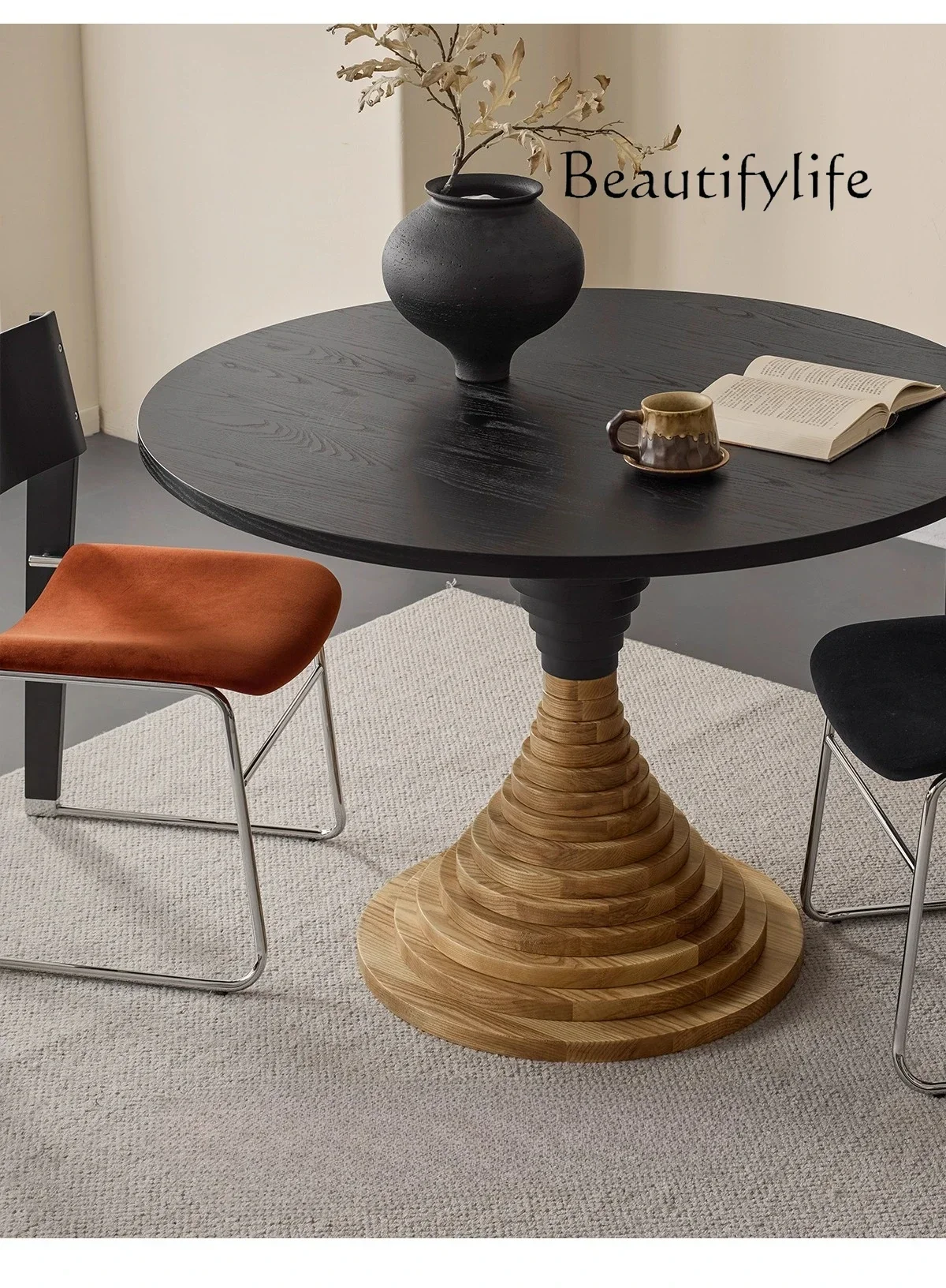 

N44 Ph Medieval solid wood dining table round table Nordic small apartment living room household ash wood retro round table