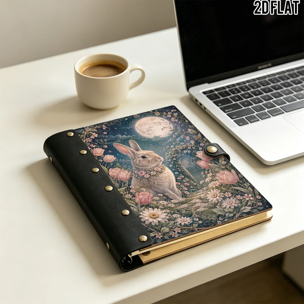 1PC 2DFlat Wooden Notebook, Moon Bunny Tulip Daisy Garden Floral Wood Print, Hardcover 100 Pages With Leather Rivet Craft Decora
