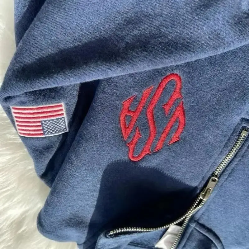 Quarter Zip Sweatshirt Y2K Navy Blue USA Embroidered American Flag Patchwork Jacket Men Women Retro Street Fashion Trend Top