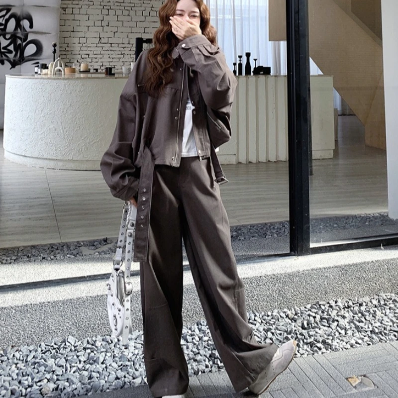 سترة ملابس عمل قصيرة الطراز + سراويل مستقيمة الساق طقم مكون من قطعتين للنساء 2025 طقم شارع جديد فضفاض على الطراز الأمريكي متعدد الاستخدامات #6