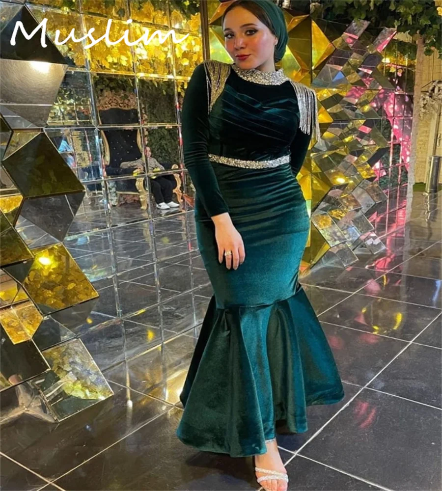 Requintado verde turquia vestido de noite cristal borla memaid midi vestido de baile 2025 veludo vestido de aniversário vestidos fiesta personalizado