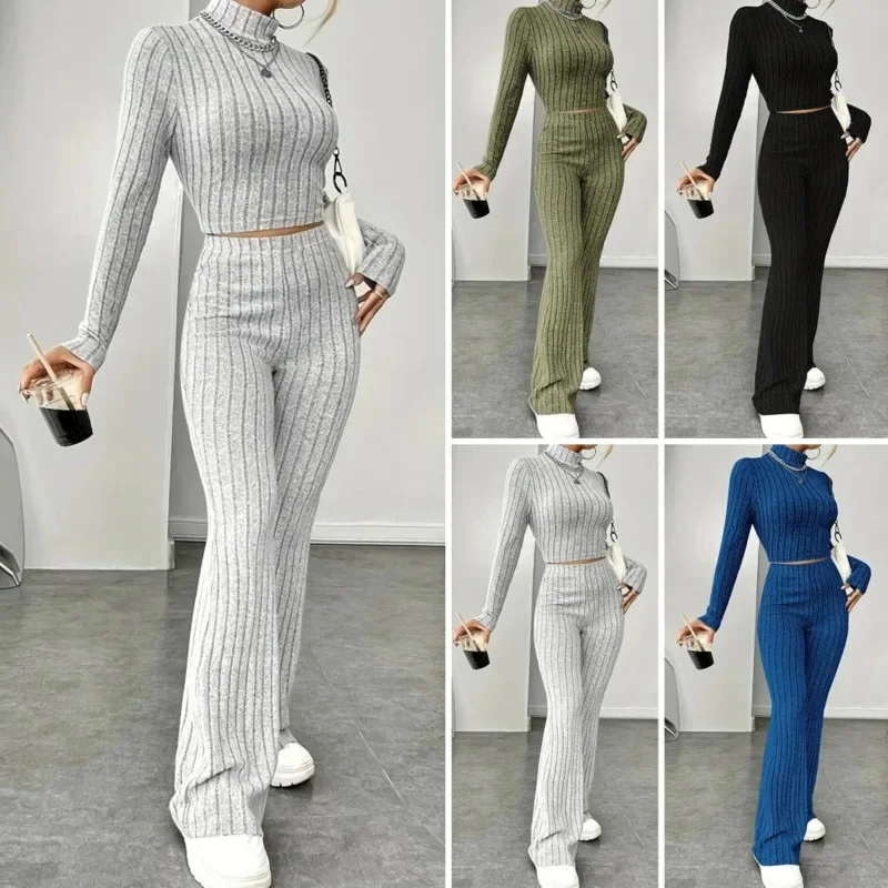 Elegent Knit Pullover Trouser 2 Pcs Set Women Slim Half High Collar Full Sleeve Top Solid Pant Suit 2025 New Lady Sport Outfits