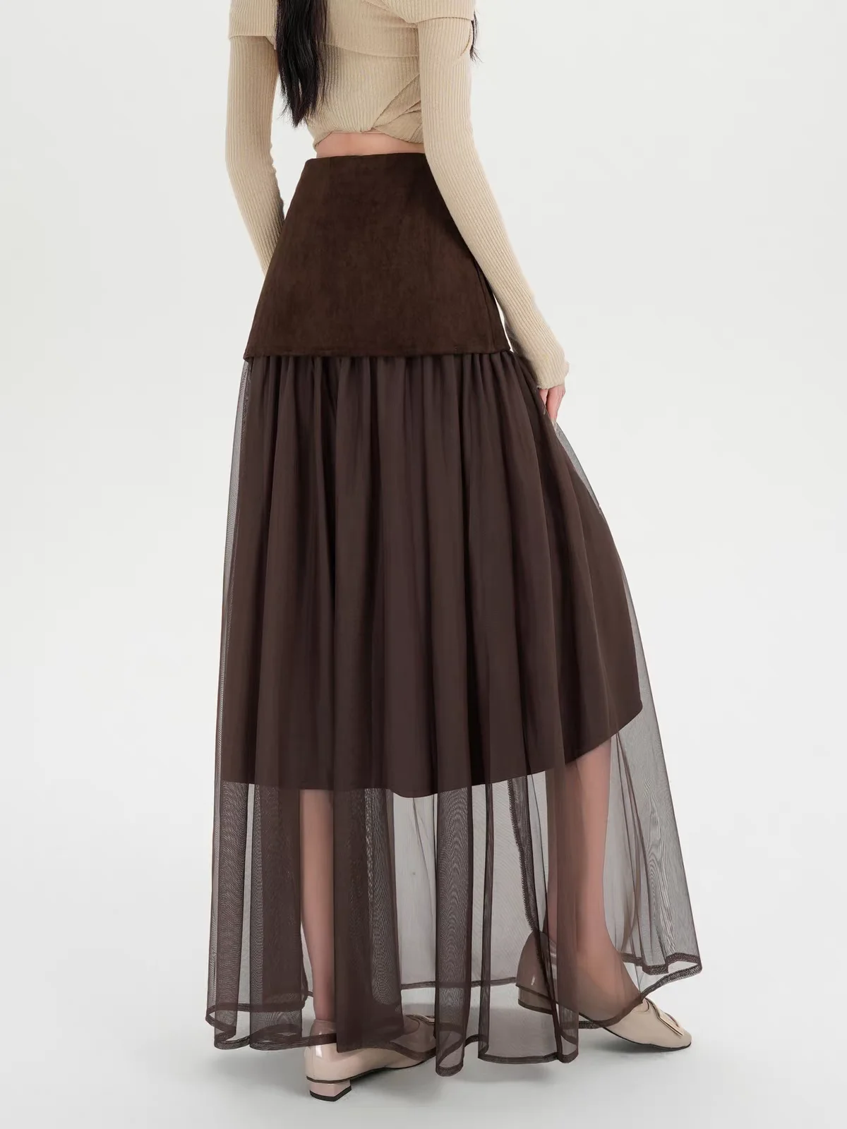 Women's Early Autumn High Waist A-Line Pleated Midi Skirt with Mesh Splicing, Slimming Flared Design, Elegant Casual Wear