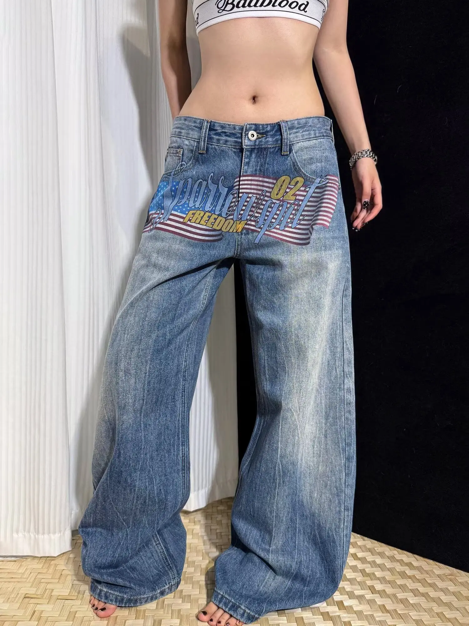 Blue American New Pattern Y2K Baggy Jeans Men High Street Vintage Hip Hop Fashion Casual Joker Couple Wide-leg Pants