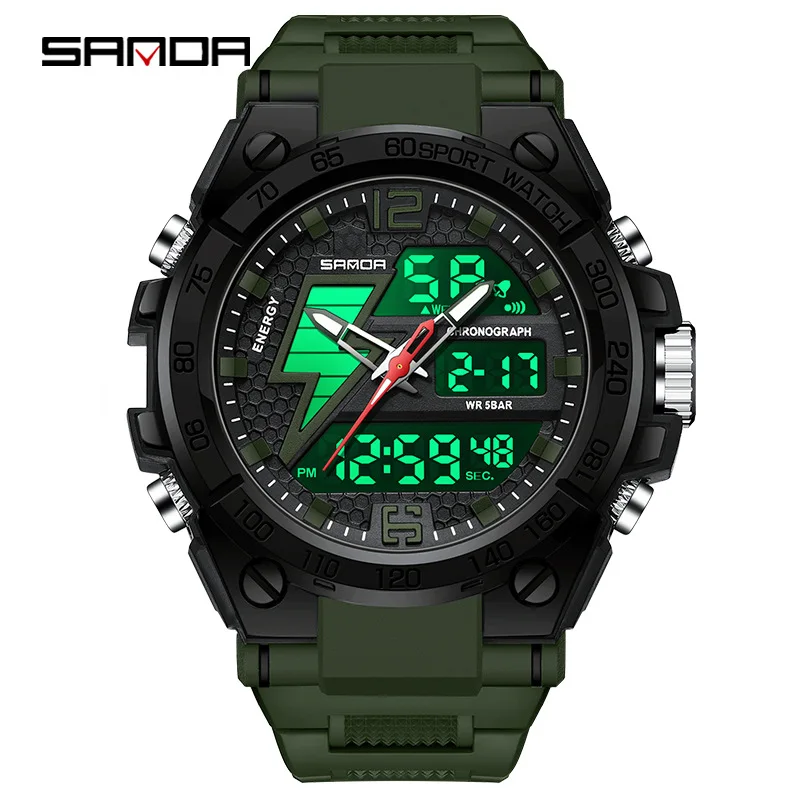 SANDA-Montres militaires étanches pour hommes, montre-bracelet à quartz électronique LED, chronomètre à 2 temps, alarme, horloge numérique, Reloj zones bre