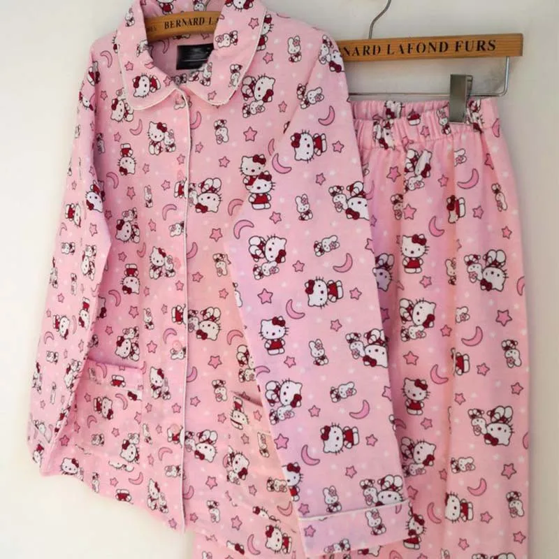 

Хлопковые пижамы с героями мультфильмов «Hello Kitty», женские Sanrios, аниме, брюки с длинными рукавами, одежда для сна, осенне-зимняя студенческая мягкая домашняя одежда