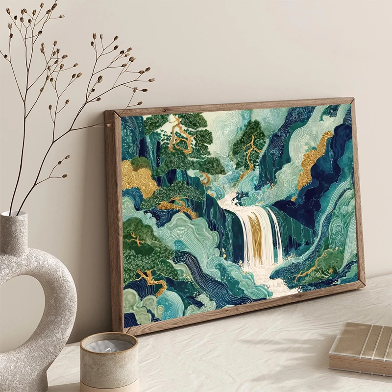 Japanese Blue Green Waterfall Mountain Forest Hokusai Painting Canvas Print Poster for Living Room Home Decor