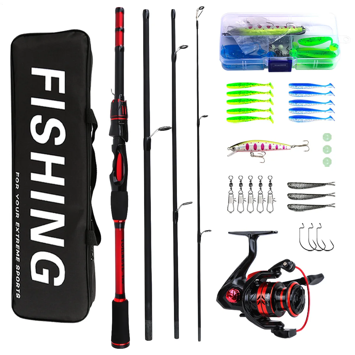 1.8m New 4-Section Lure & Sea Fishing Rod Full Set, Long Casting Spinning Rod Complete Fishing Tackle Kit for Saltwater Fishing