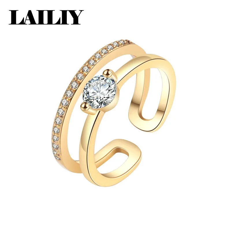 LAILIY925 Sterling Silver 18K Gold Birthday Gift Party Double Layer Micro Set Zircon Adjustable Ring for Women Fashion Jewelry