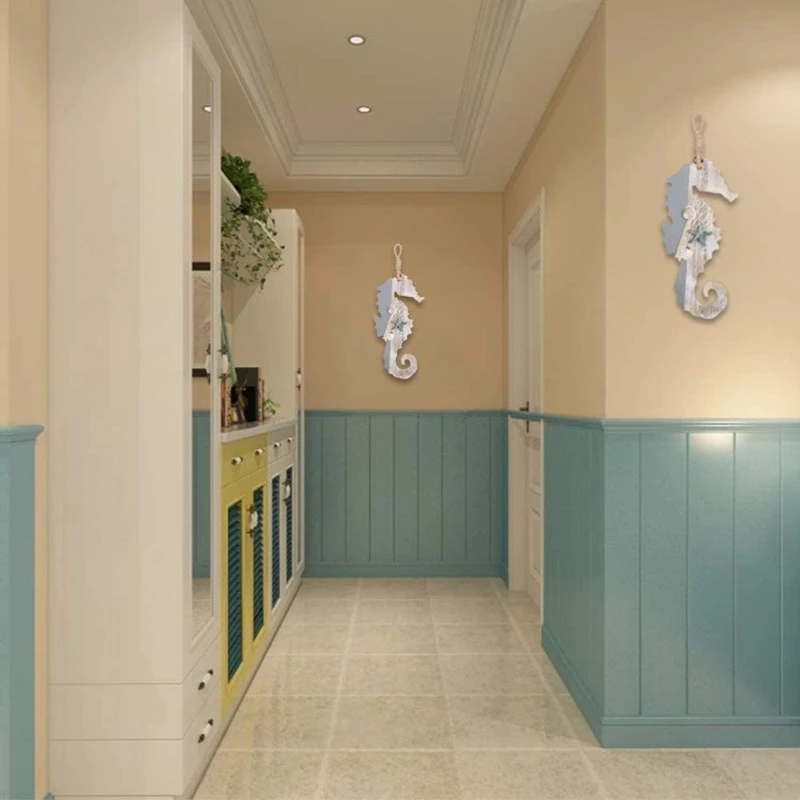 Cavalo marinho de madeira com estrela do mar e conchas, decoração náutica, ornamento, tema da praia, decoração para casa