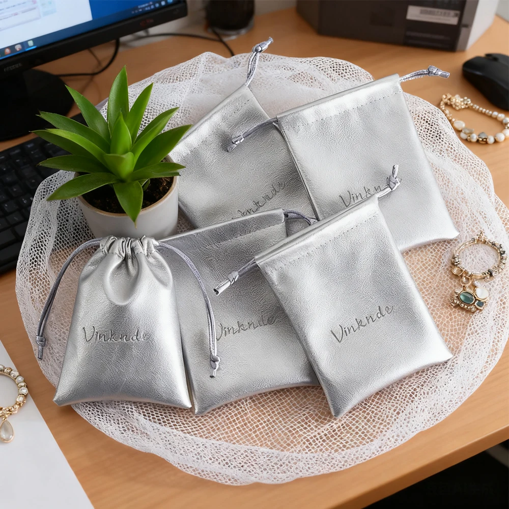 

Высококачественная сумка на шнурке из искусственной кожи, индивидуальный размер логотипа, серебряная кожа, подарочные пакеты для хранения ювелирных изделий для драгоценных камней, серег, часов, духов