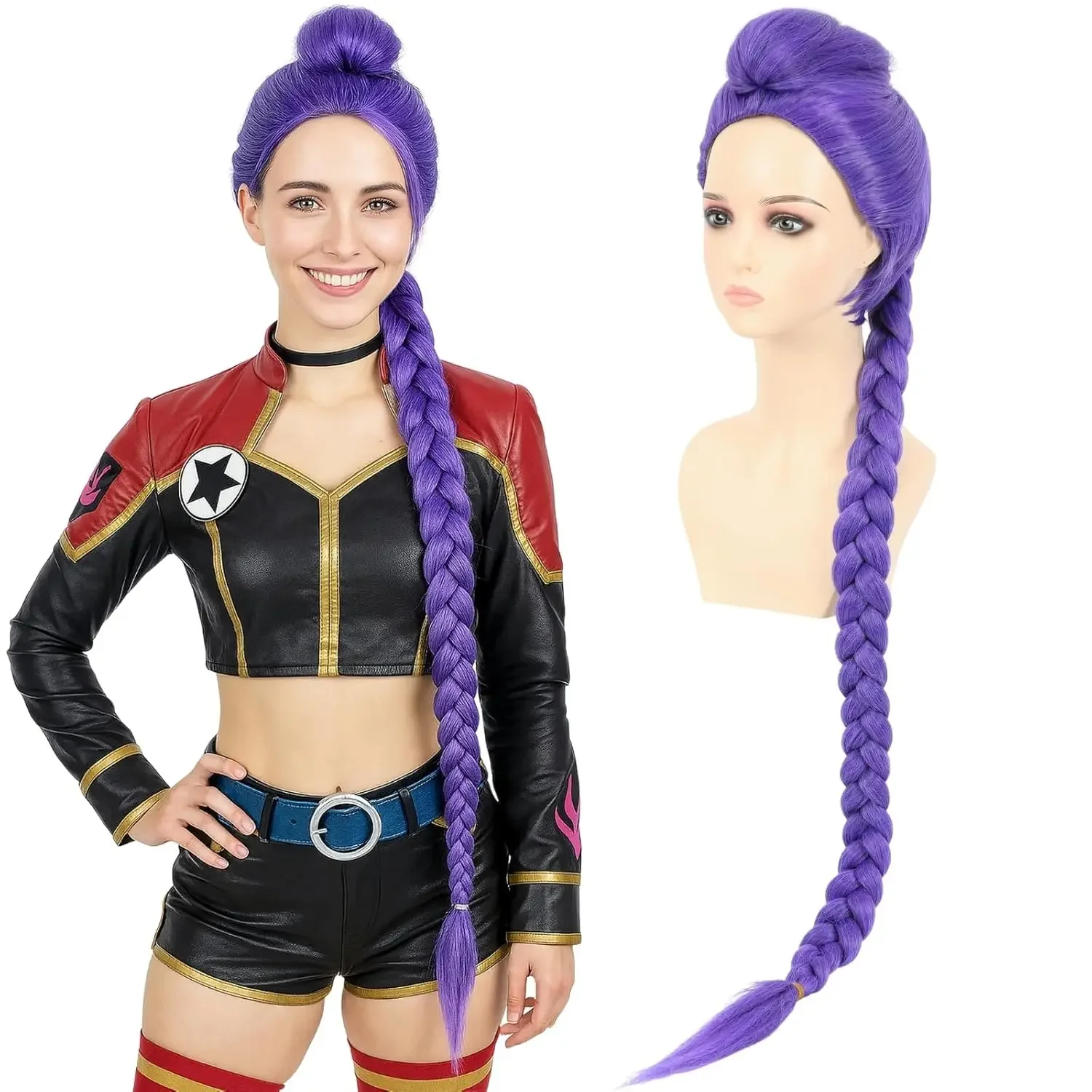 

K-pop Rumi Zoey Mira Cosplay Fantasy Costume synthetic wig, purple split braid wig, rose red long straight hair with bun