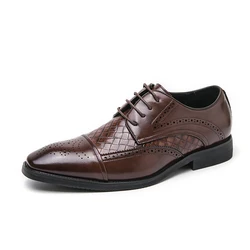Men's Brown Leather Shoes Weave Brogue Oxford Shoes Formal Dress Men's Leather Business Wedding Footwear
