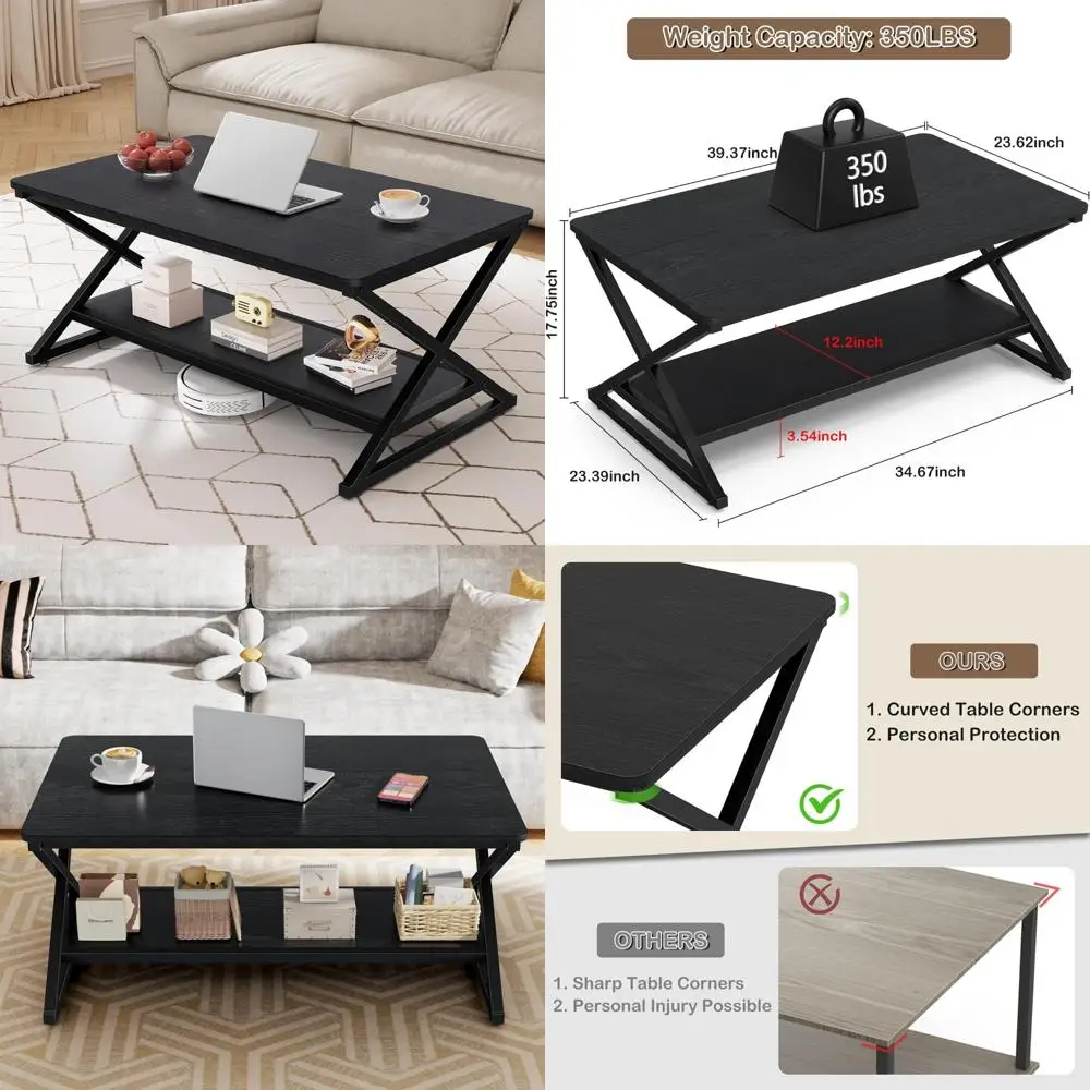 طاولة قهوة مستديرة حديثة وبسيطة مع رف تخزين، طاولة مركزية لغرفة المعيشة مصنوعة من المعدن الخشبي على الطراز الصناعي #1