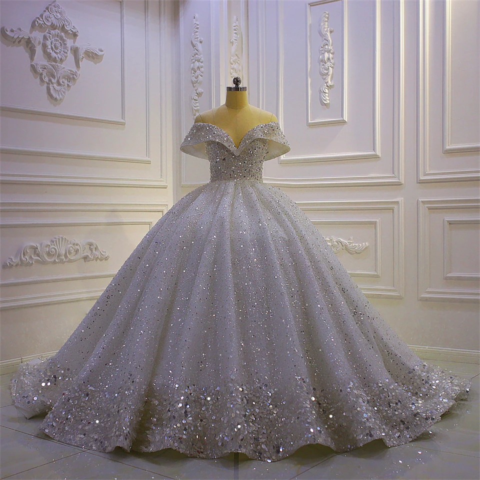 Luxury Glitter Sequins Beading off Shoulder Ball Gown Wedding Dresses For Women 2024 Court Train Bridal Gowns Vestidos De Novia