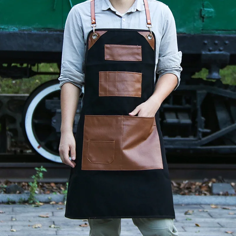 Black European Restaurant Barber Floral Artist Kitchen Men and Women Overalls Coffee Shop Nail Chef Leather Pockets Apron