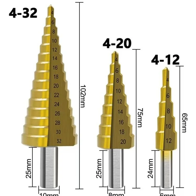 Titanium Coated Pagoda Step Drill Bit, HSS High Hardness, Anti-Rust Hole Opener for Wood Metal