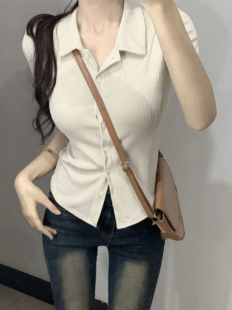 Summer Slim Fit Design Element Polo Collar Short Sleeve T Shirt For Women Slimming Conceal Belly High End Pure Allure Top