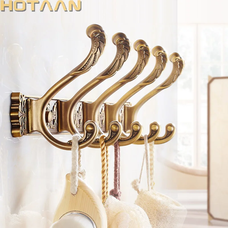 Hotaan Antique Brass Robe Hook Wall Mount Towel Holder Bathroom Accessories Organizer Luxury Clothes Hook Rack YT-3012